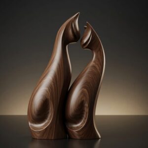 Sculpture abstraite d'un couple de chats en bois de noyer foncé, design minimaliste moderne
