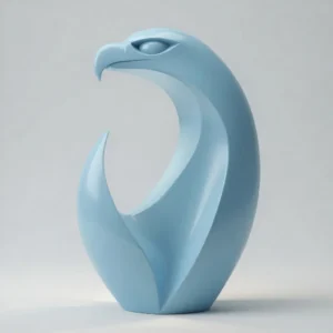 Sculpture d'aigle abstraite, finition bleu clair brillante, vue de face