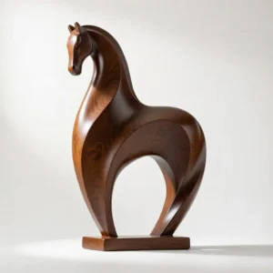 Abstract horse sculpture dark wood finish front three-quarter view