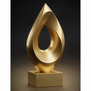 Abstrakte Tropfenskulptur mit Goldmetallic-Finish auf dunklem Hintergrund