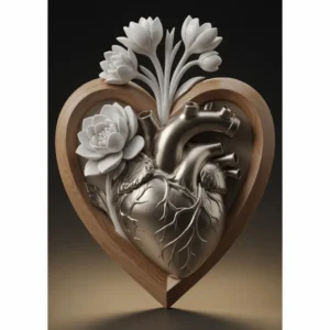 Anatomisches Herz-Wandbild mit Lotusblumen, gemischte Holz- und Metalloberfläche