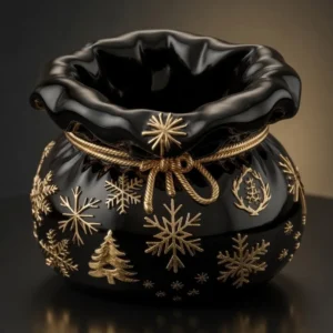 3D-Modell einer glänzend schwarzen Weihnachtsgeschenktüte mit goldenen Akzenten
