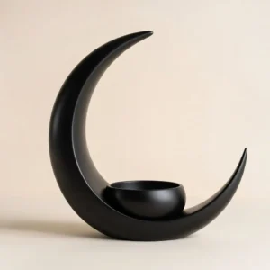 Porta-velas em formato de lua crescente, modelo 3D, preto fosco.