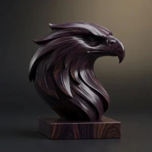 Buste de tête d'aigle sculpté dans un bois exotique sombre au grain clair spectaculaire
