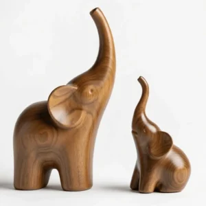 Stylized elephant sculpture pair 3D model in warm wood tones