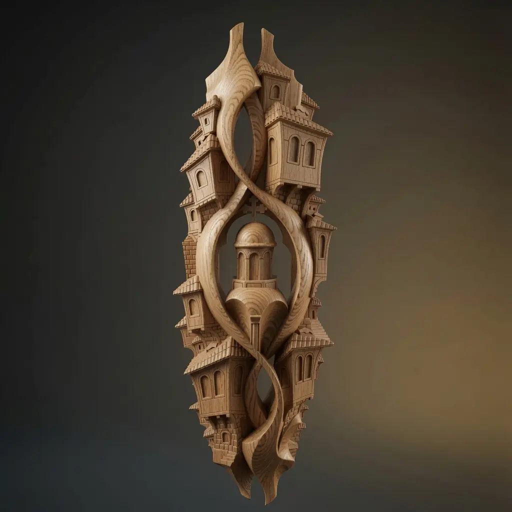 White oak fantasy village CNC carving model