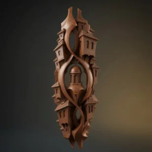 Fantasiedorf-Skulptur, 3D-Modell aus Walnussholz