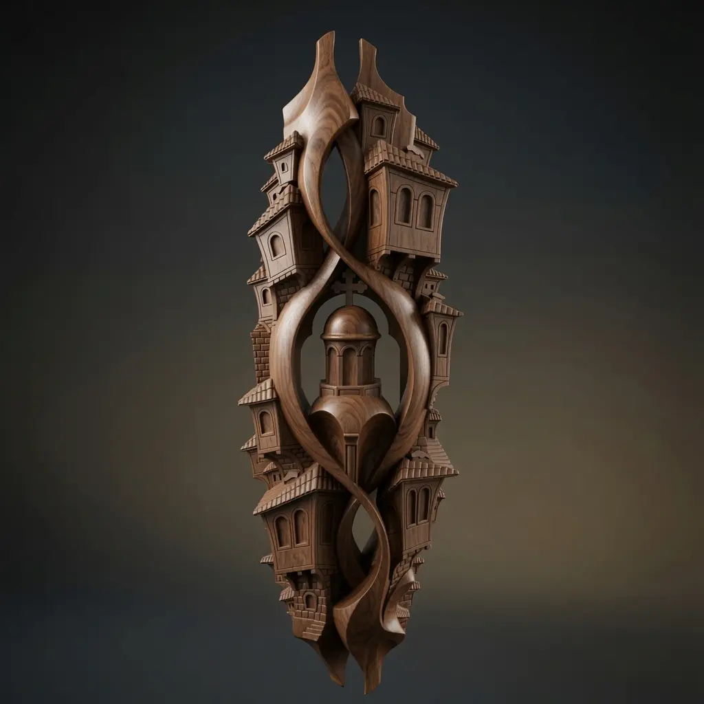 Cherry wood fantasy village digital sculpture