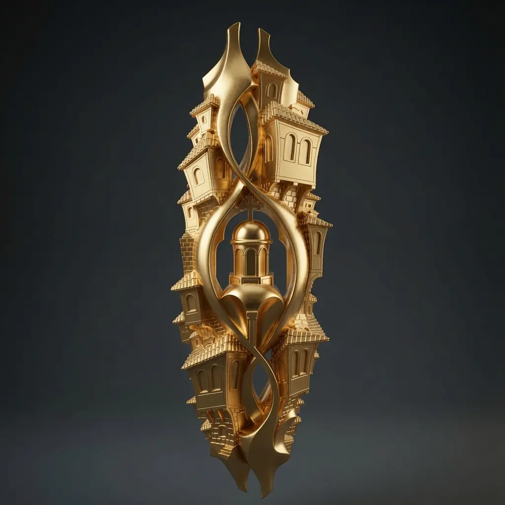 Fantasy village 3D model in elegant gold finish