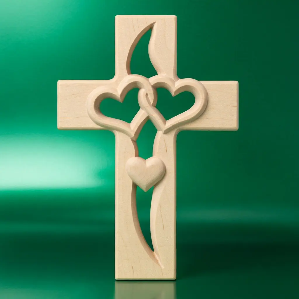 Christliches Kreuz aus Eichenholz mit ineinander verschlungenen Herzen