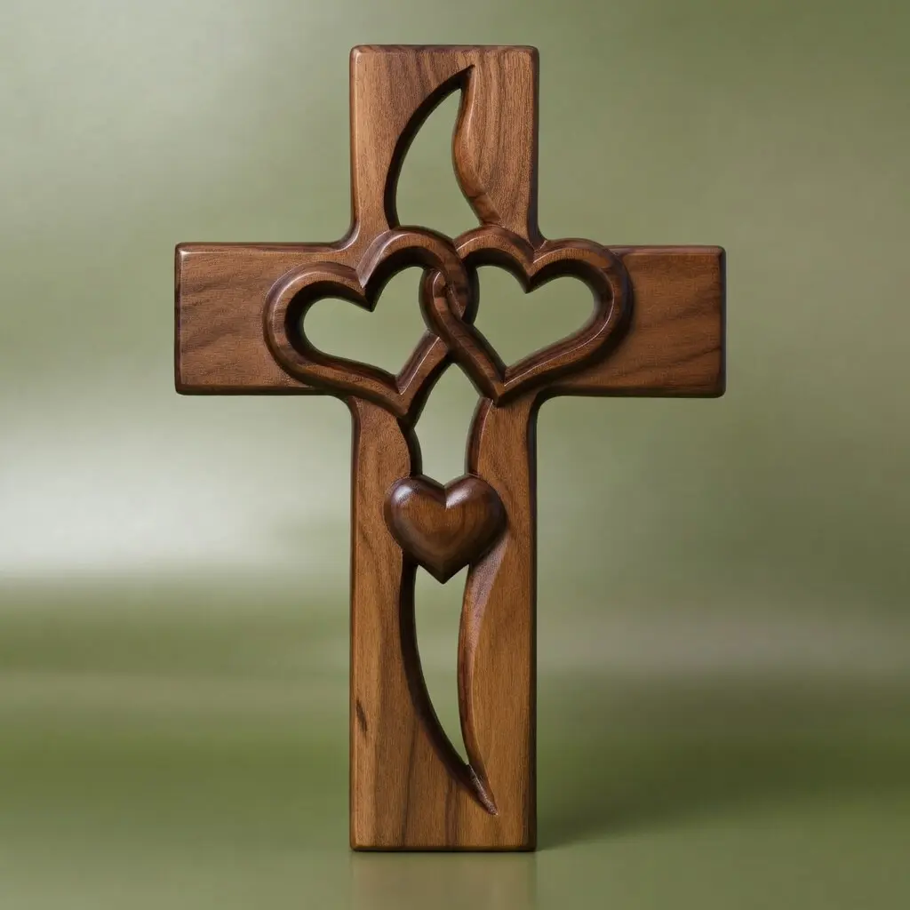 CNC-gefrästes Kreuz aus ineinander verschlungenen Herzen in Walnuss-Optik