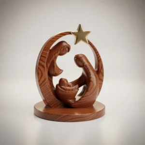 Moderne Krippenfigur aus dunklem Walnussholz mit goldenem Stern