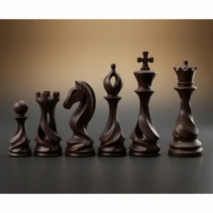 Modernes, gedrehtes Schachset, 3D-Modell in dunklem Walnuss-Finish