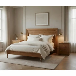 Nerea curved headboard bed frame in light oak with matching nightstands