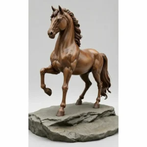 Prancing horse sculpture 3D model in golden coat on rocky base