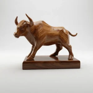Stylized bull sculpture 3D model in rich walnut wood on base