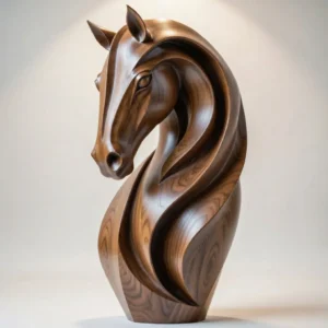 : Stylized horse head sculpture 3D model in rich walnut wood with flowing mane