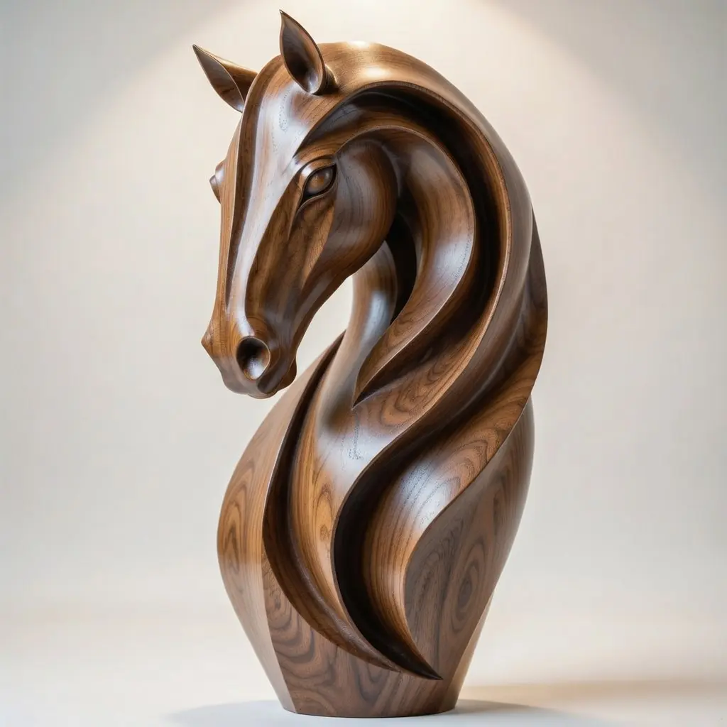 : Stylized horse head sculpture 3D model in rich walnut wood with flowing mane