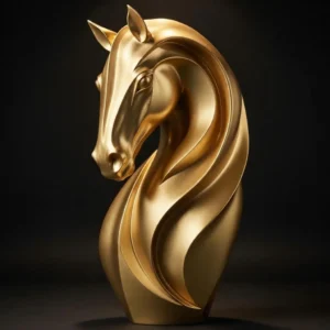Golden metallic stylized equine head sculpture