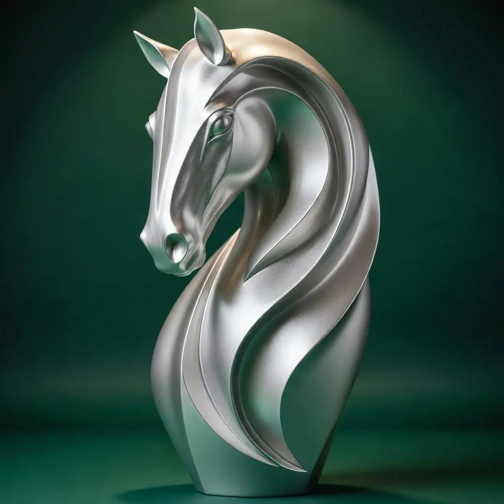 Metallic silver stylized horse head sculpture