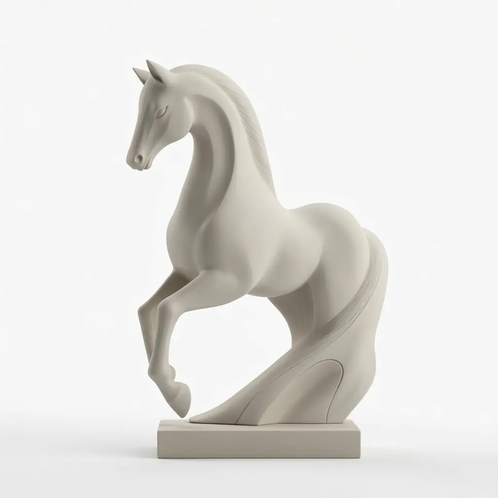 White clay render of stylized horse sculpture 3D model