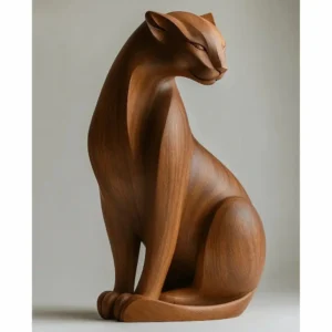 Stylized panther sculpture 3D model in walnut wood finish