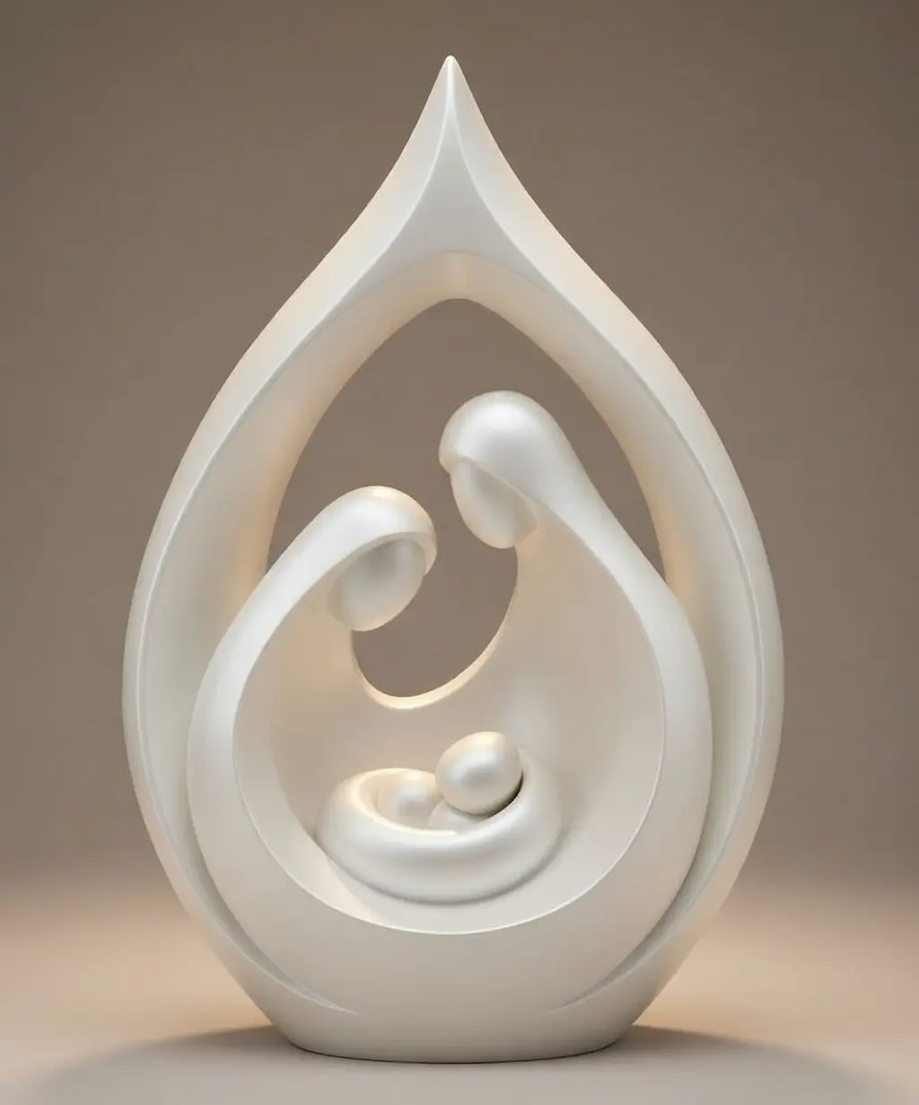 Escultura abstracta en 3D de madre e hijo en forma de lágrima blanca