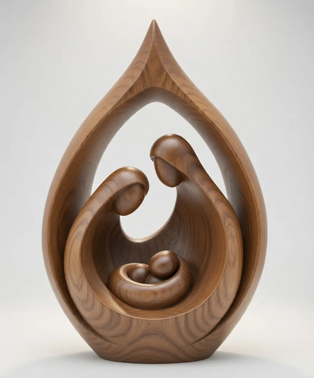 Escultura en forma de lágrima de madre e hijo con acabado en madera de nogal intenso.