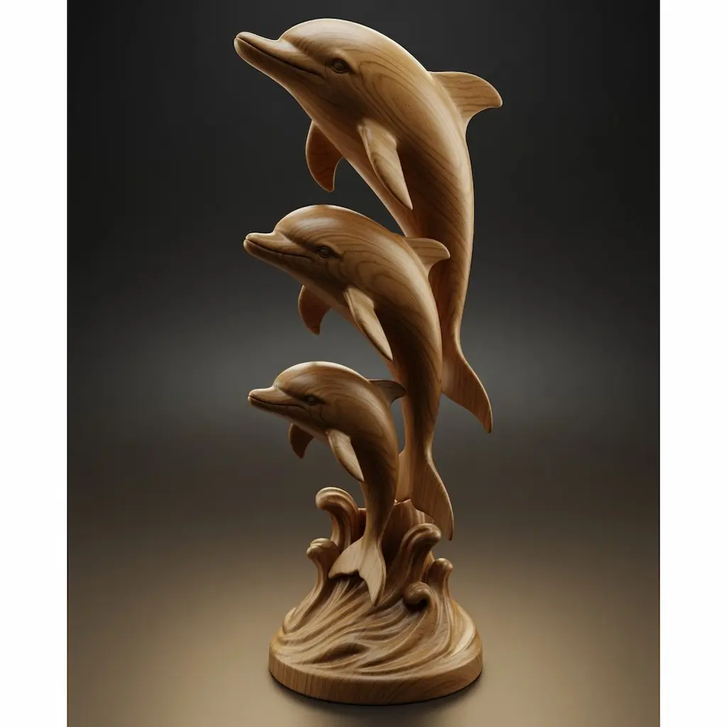 Natural wood three dolphins sculpture with grain detail