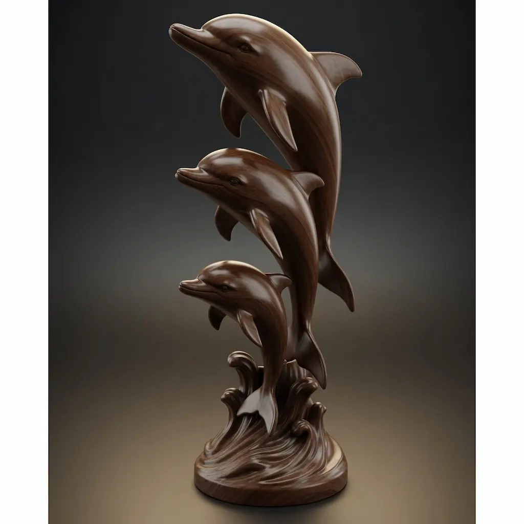 Dark walnut three dolphins sculpture on wave base