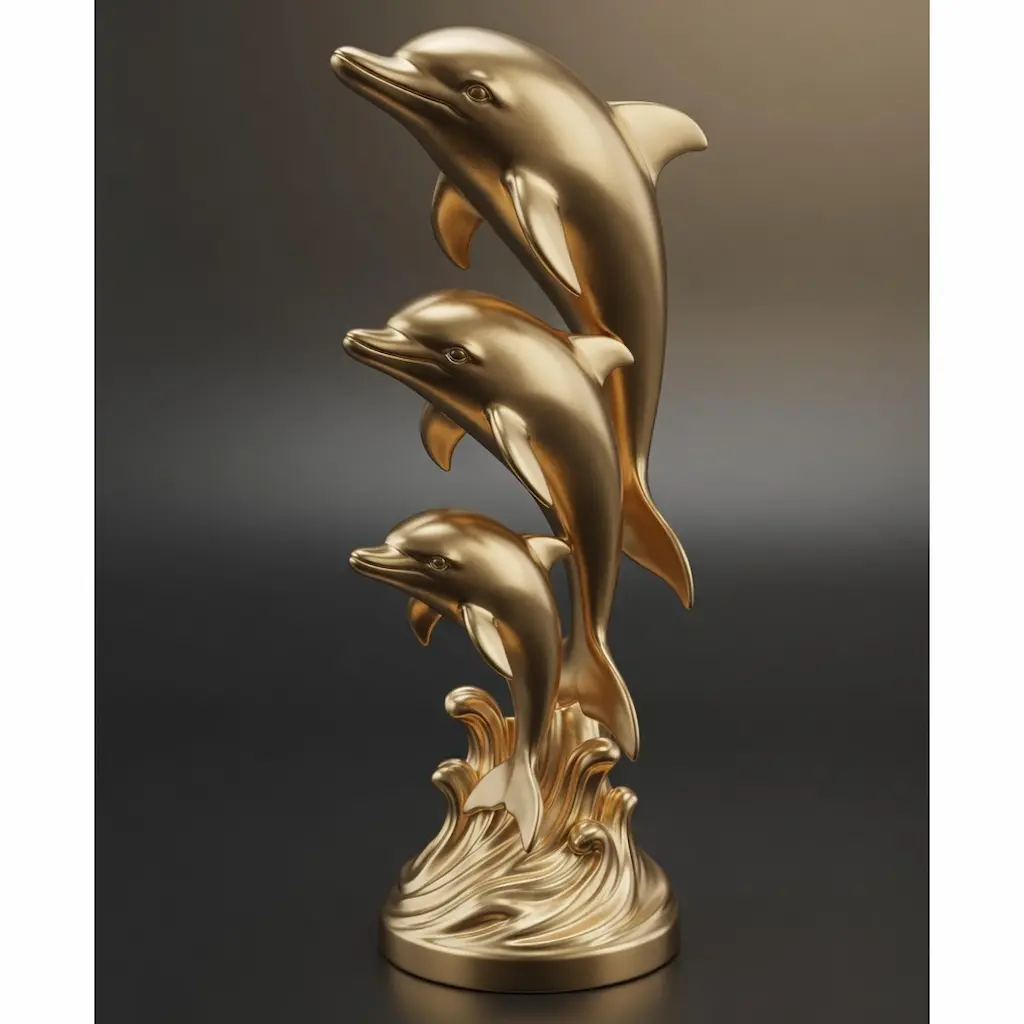 Three dolphins sculpture in gold finish leaping above wave base
