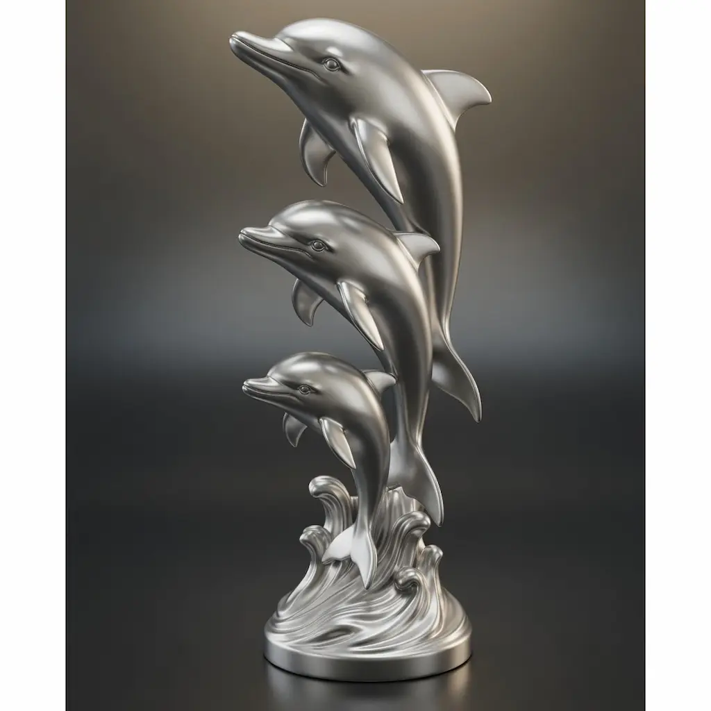 Silver metallic three dolphins sculpture