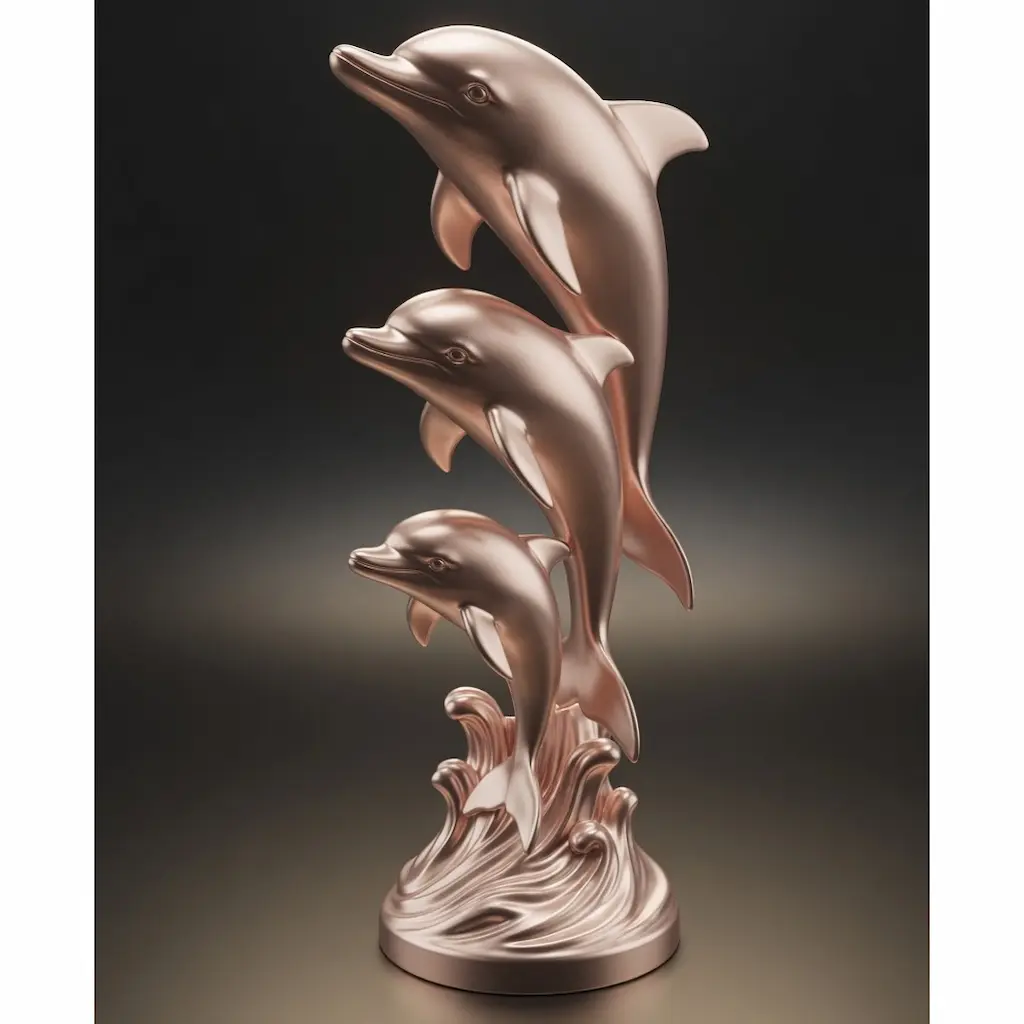 Rose gold three dolphins leaping sculpture