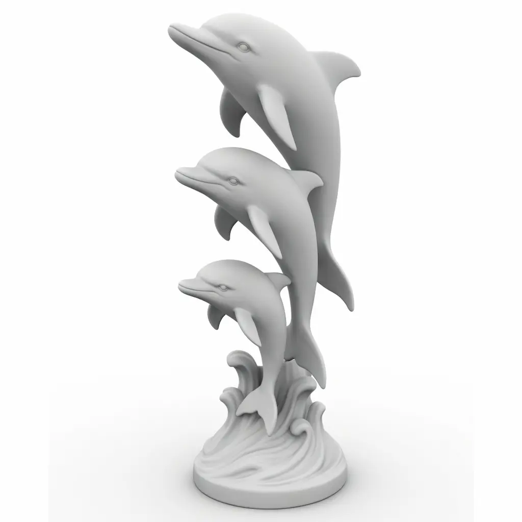 Clean gray 3D model of three dolphins sculpture on white background