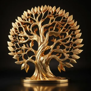 Golden metallic Tree of Life sculpture digital model on green background