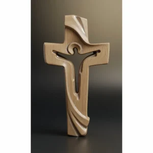 Abstrakte Kruzifixskulptur aus hellem Holz, modernes stilisiertes Christuskreuz