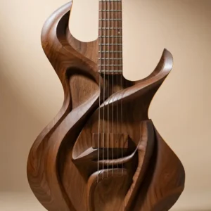 Artistic sculptural electric guitar in rich walnut wood, organic flowing design for CNC carving