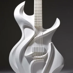 Side view of sculptural electric guitar showing elegant curves and wood grain
