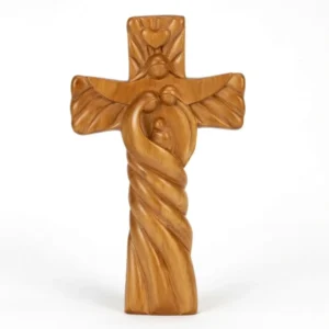 Holy Family Cross wooden sculpture front view on white background