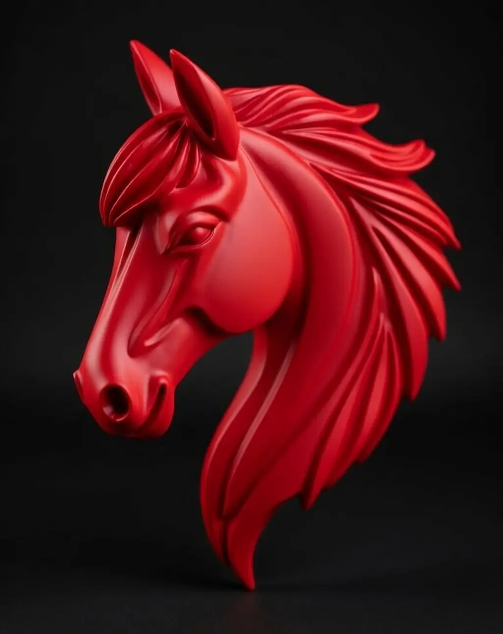 Impresionante obra de arte mural con forma de cabeza de caballo roja en 3D.