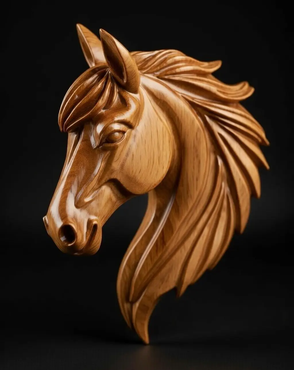 Escultura realista de cabeza de caballo en madera, modelo 3D para tallado CNC.