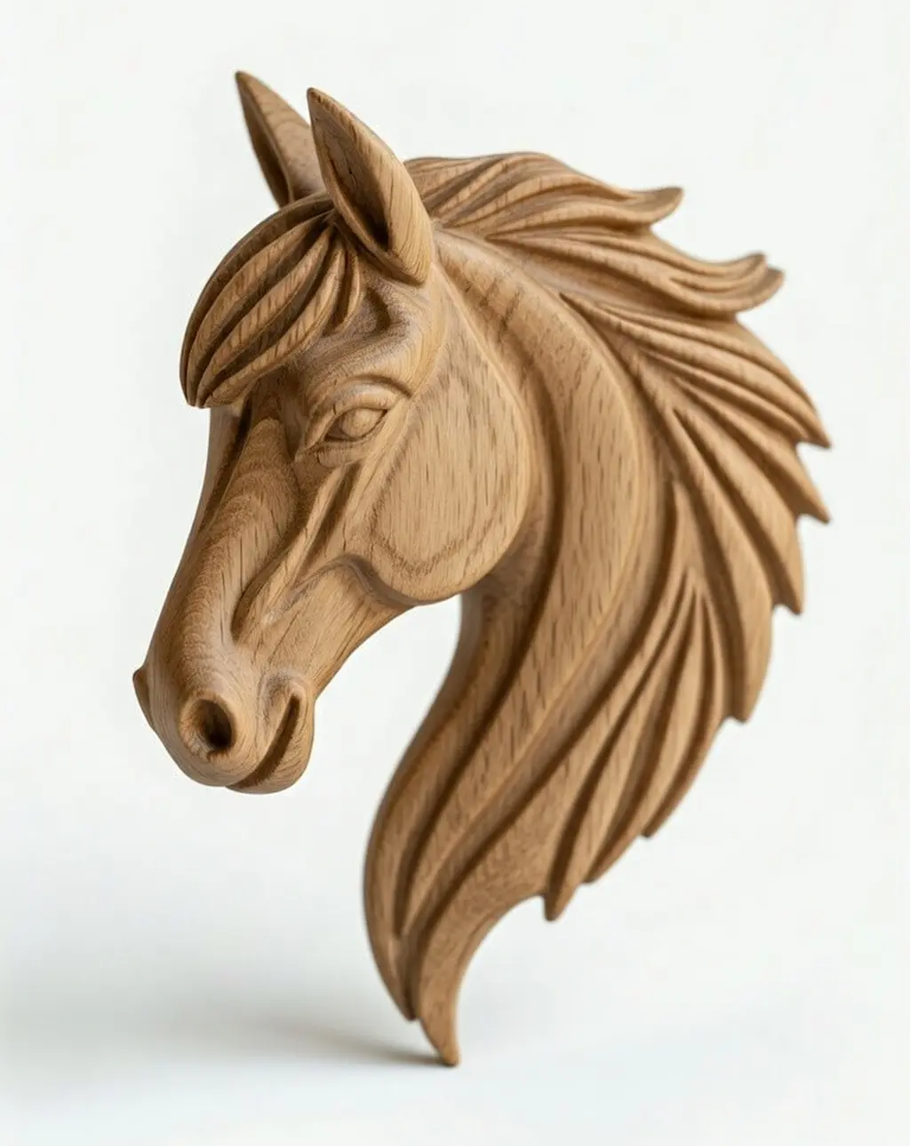 Modelo 3D de caballo con ojos expresivos y detalles faciales.