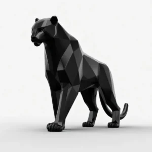Sleek black metallic low poly panther sculpture 3D render