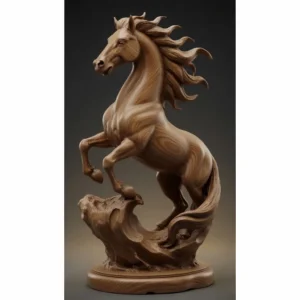 Sculpture de cheval cabré en bois clair naturel, pose dynamique de l'étalon