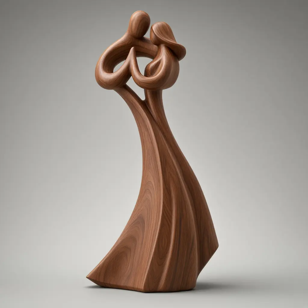 Abstract couple sculpture 3D model dark walnut finish