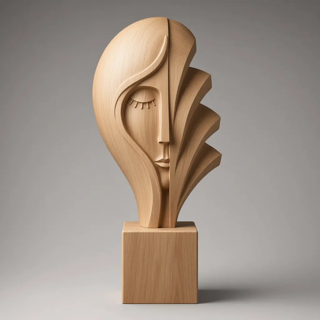 Abstract female bust 3D model in light wood finish