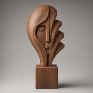 Warm wood abstract woman head on pedestal