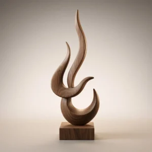 Abstract flame sculpture 3D model in wood finish on studio background