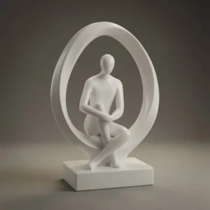 Abstract sitting figure 3D model in white satin finish, front view