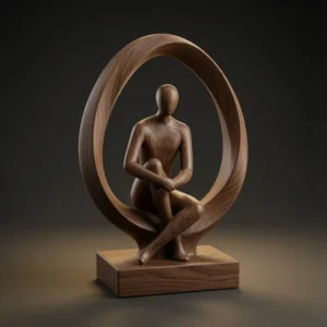 Walnut wood version of minimalist human sculpture with circular frame